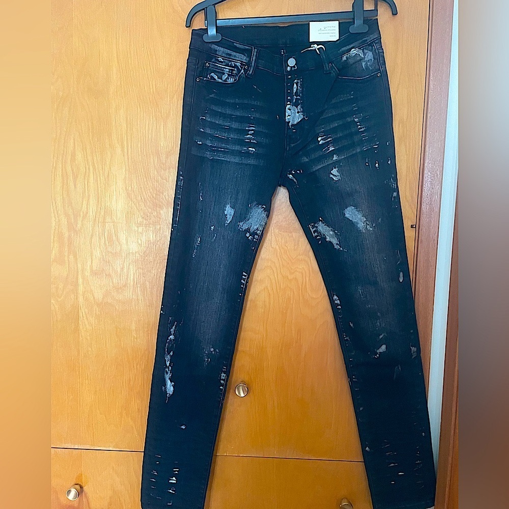 MNML Distressed Men’s (Size33) Black Streetwear, Graphic Stretch Denim Jeans